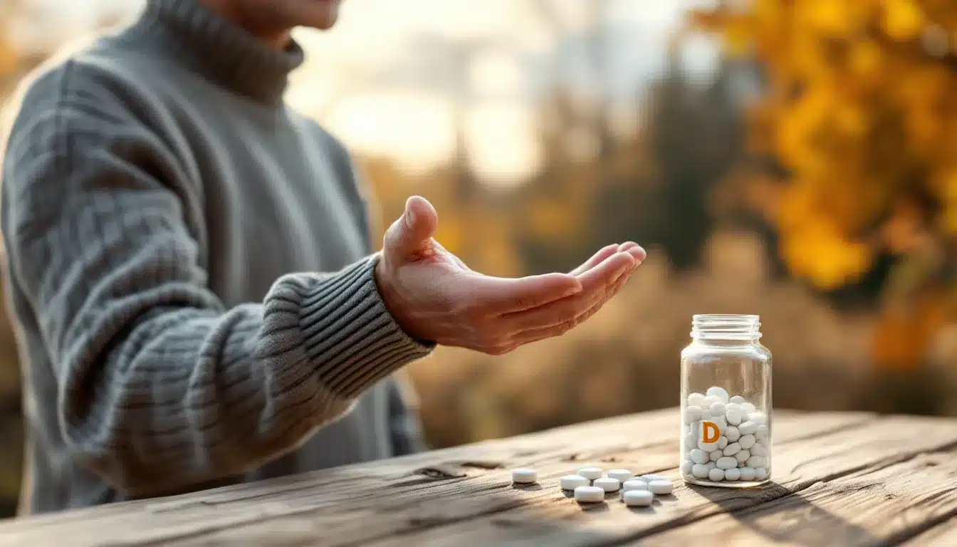 Person reaching toward pale sunlight with vitamin D tablets on wooden table in autumn Germany.