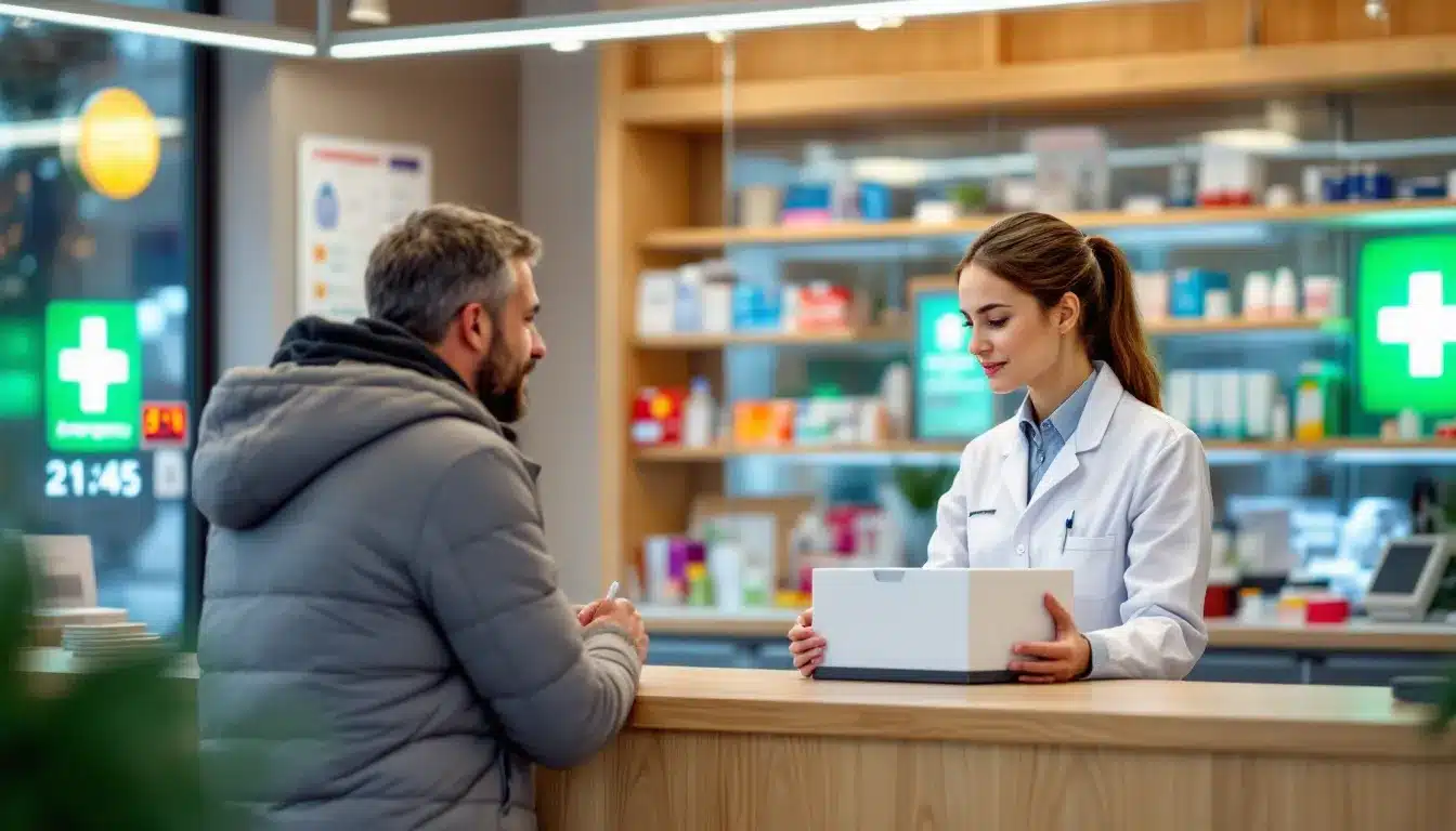 German pharmacist assisting patient at emergency pharmacy counter during evening hours