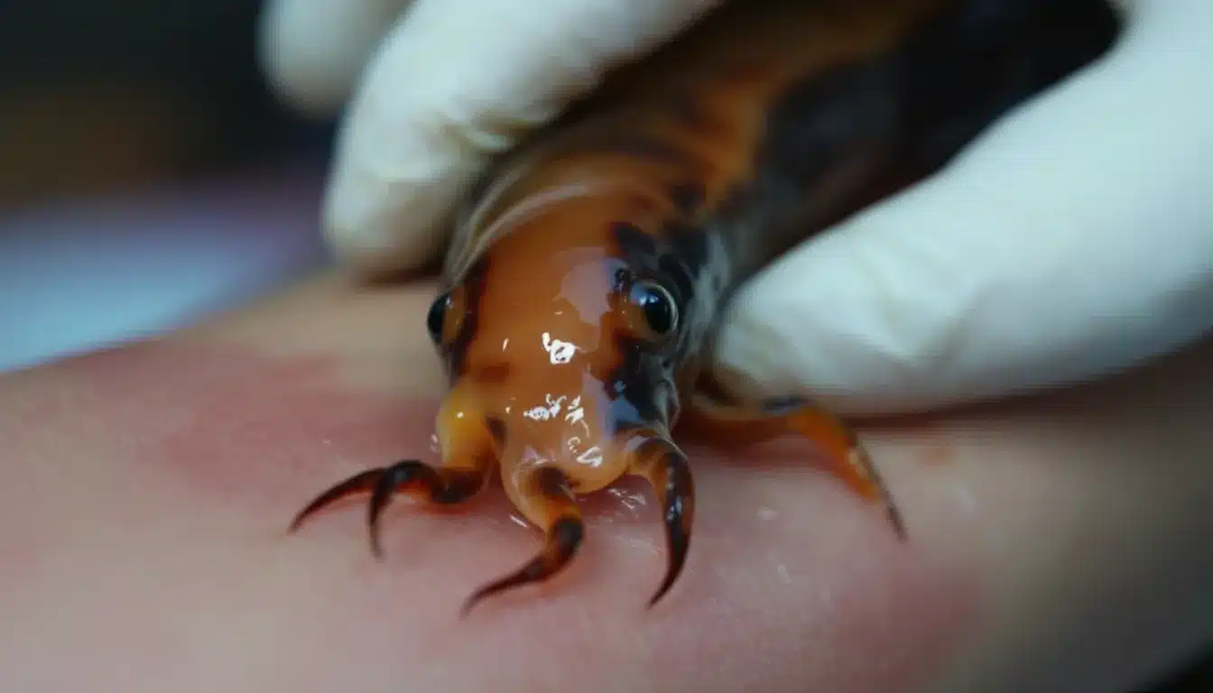 Medical leech attached to human skin in clinical setting during therapeutic treatment.