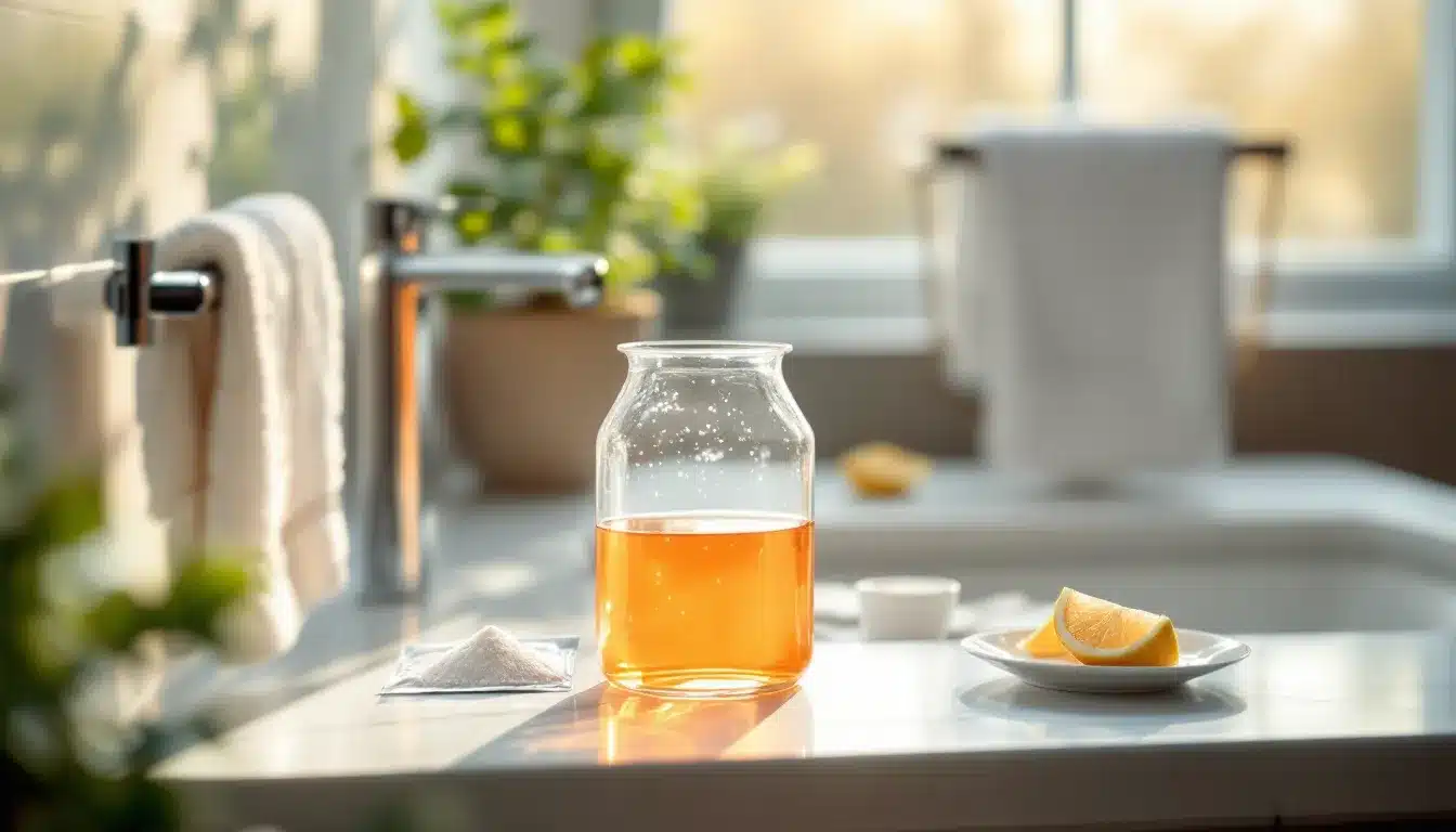 glass jug with orange moviprep solution and sachets on a clean bathroom countertop