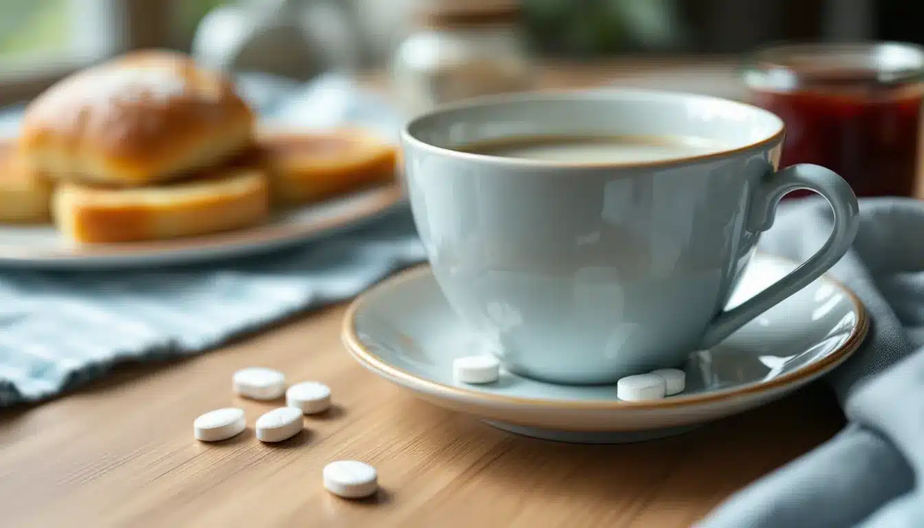pantoprazole tablet with glass of water on breakfast table in german kitchen