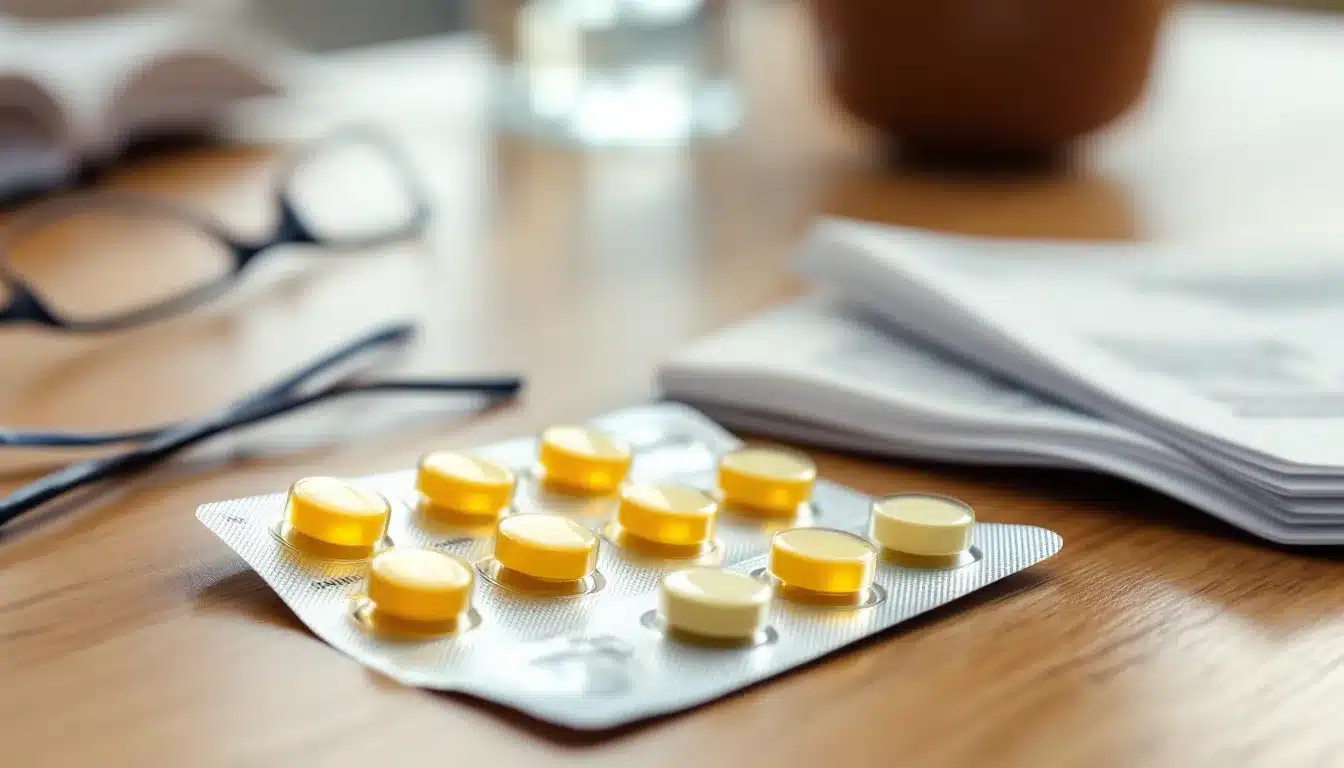 prescription medication blister pack with tablets and information leaflet on table