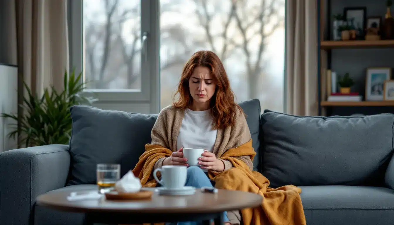 woman with cold symptoms resting on sofa with tea and medicine in german home